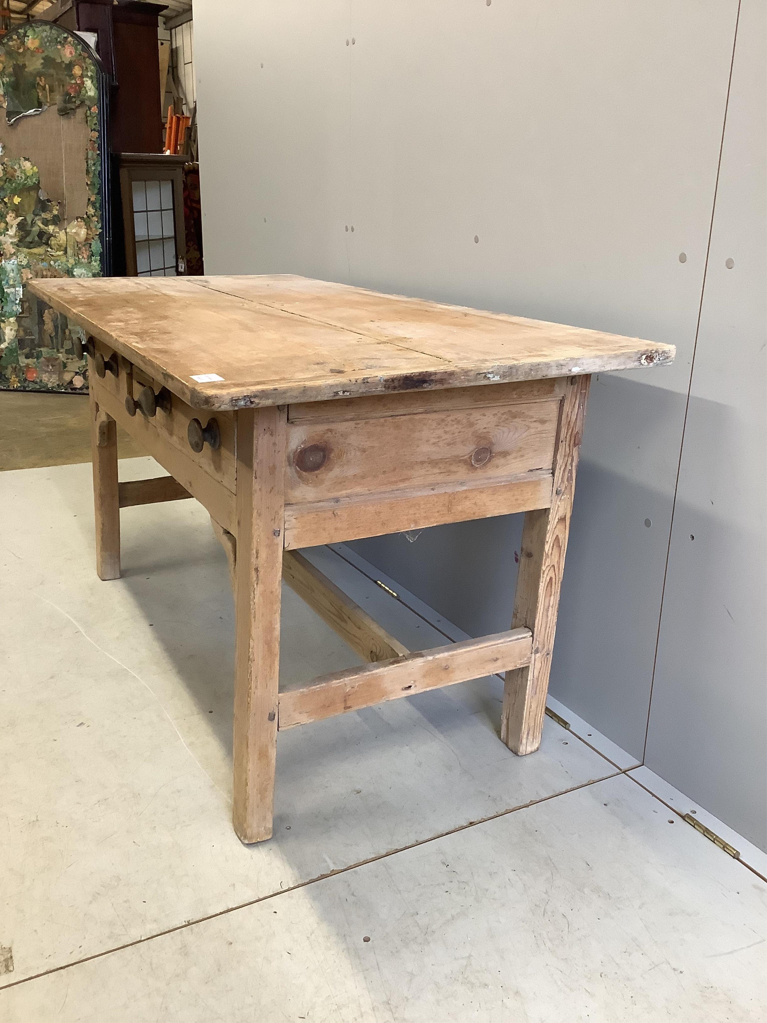 A 19th century rectangular pine four drawer serving table, width 154cm, depth 71cm, height 76cm. Condition - fair